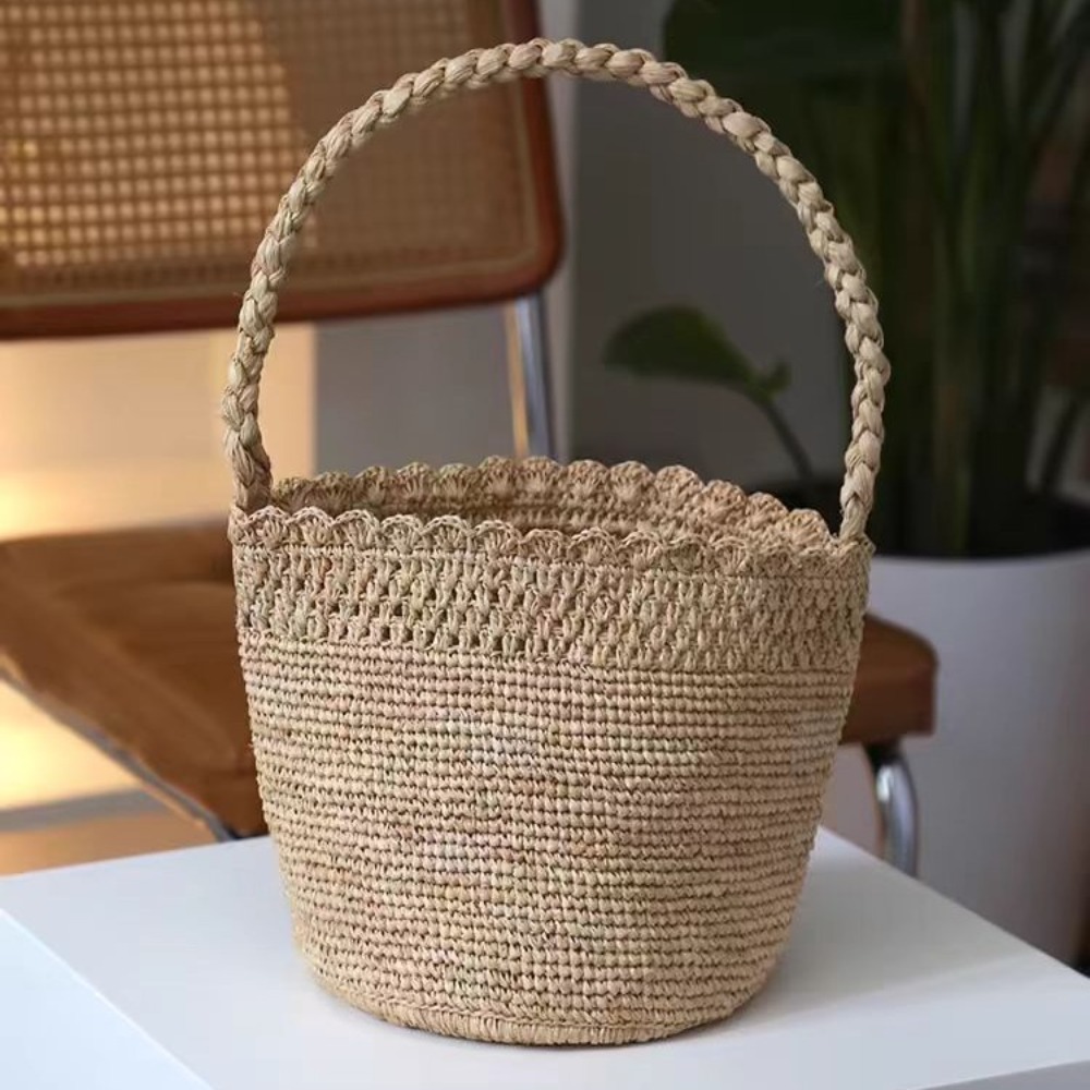 Crochet Bag Raffia - 수제 크로 셰 뜨개질 밀짚 양동이
