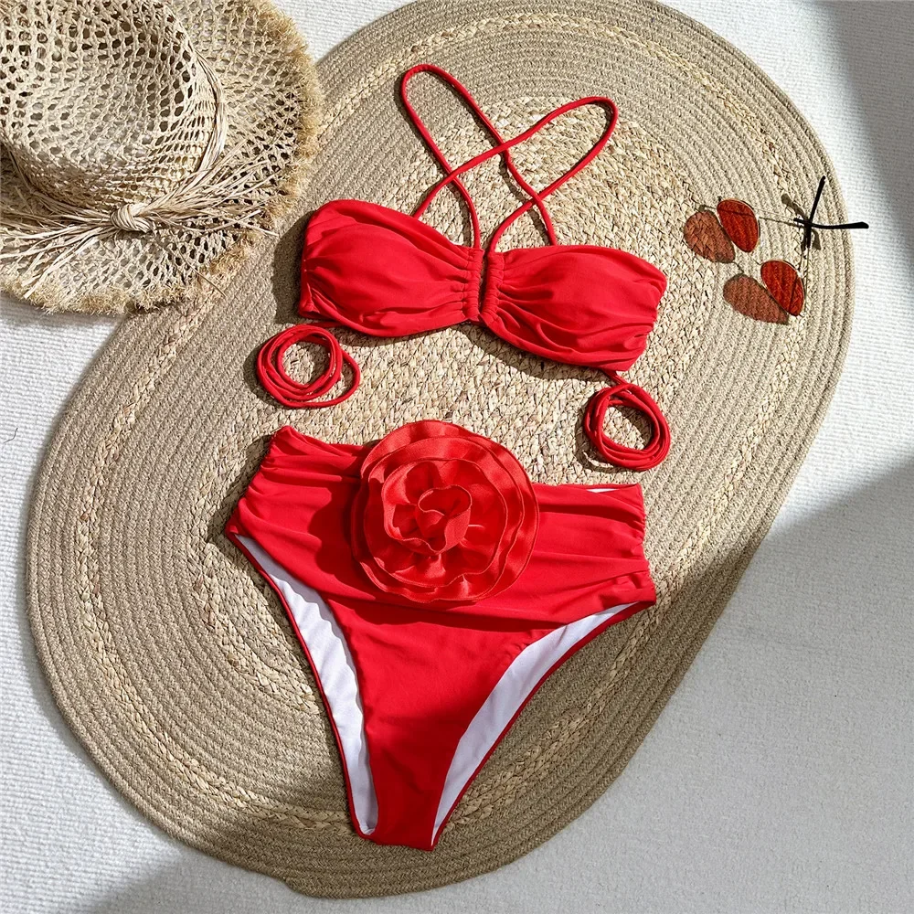 섹시한 빨간색 3D 꽃 수영복 Halter Bandea - Swimsuit Bikini Ruched 리뷰 및 가격