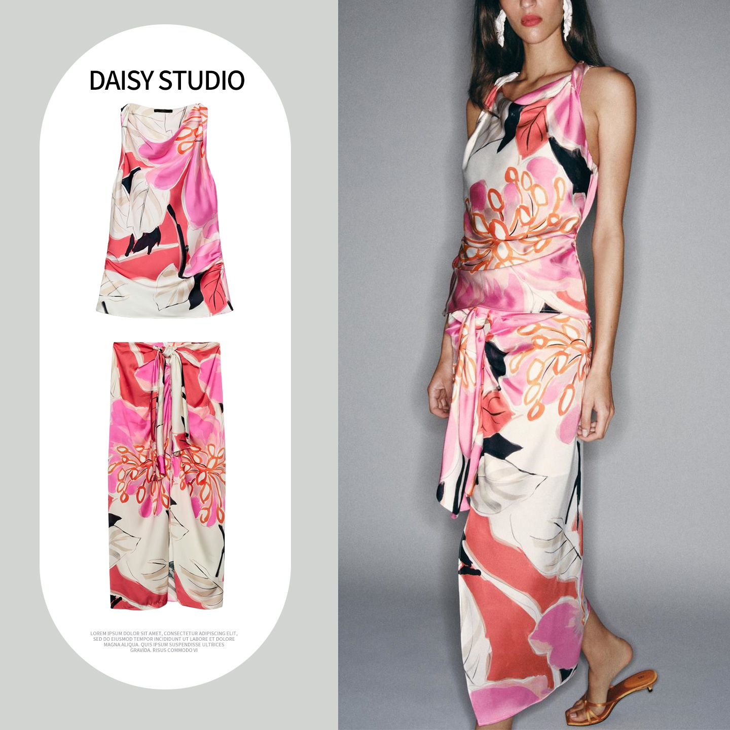 하이웨이스트 미디 스커트, 둥근 네크라인, 소매 없는  - Midi Skirt Floral 리뷰 및 가격